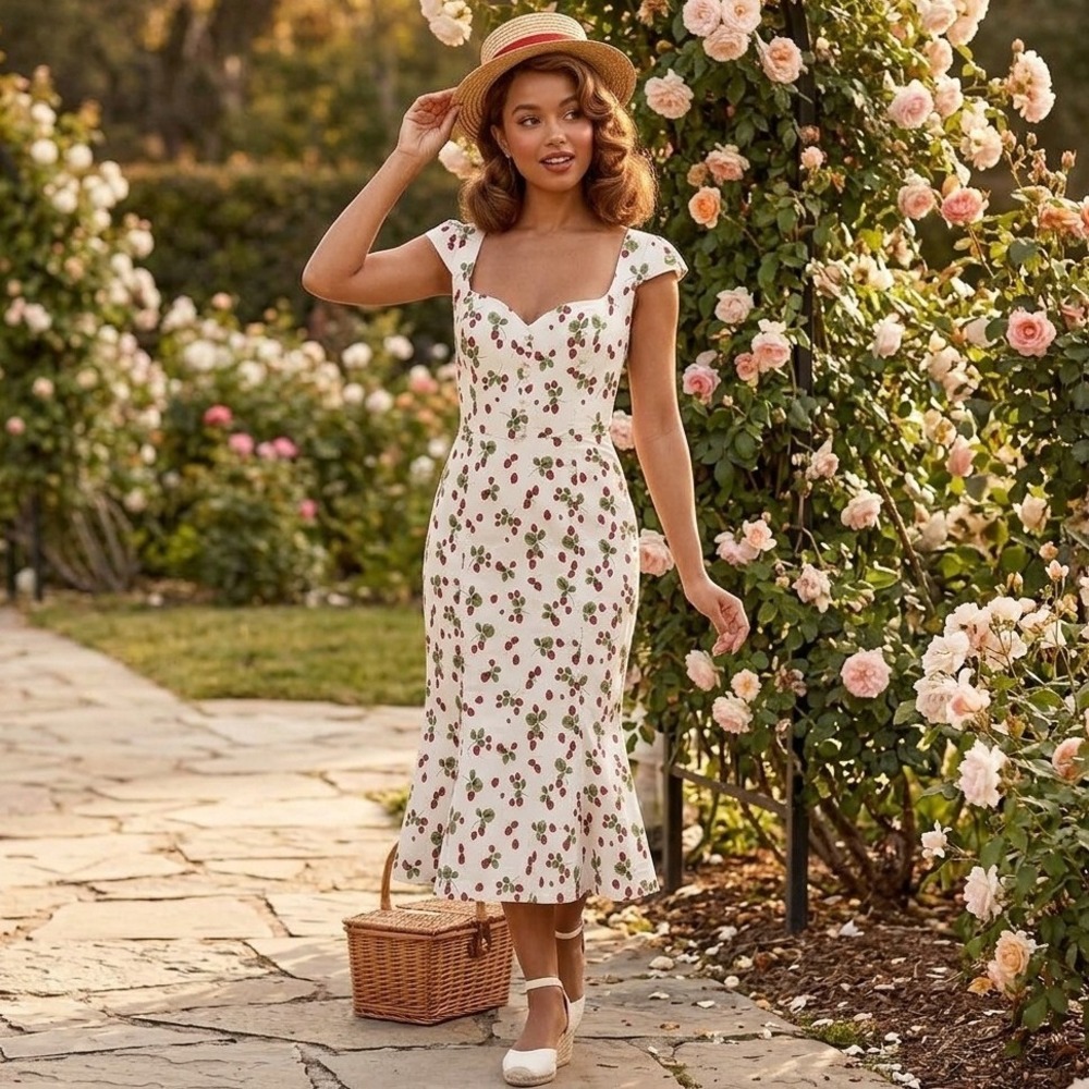 Anthropologie Strawberry Print The Cecily Fit Dress Womens Small Cottagecore